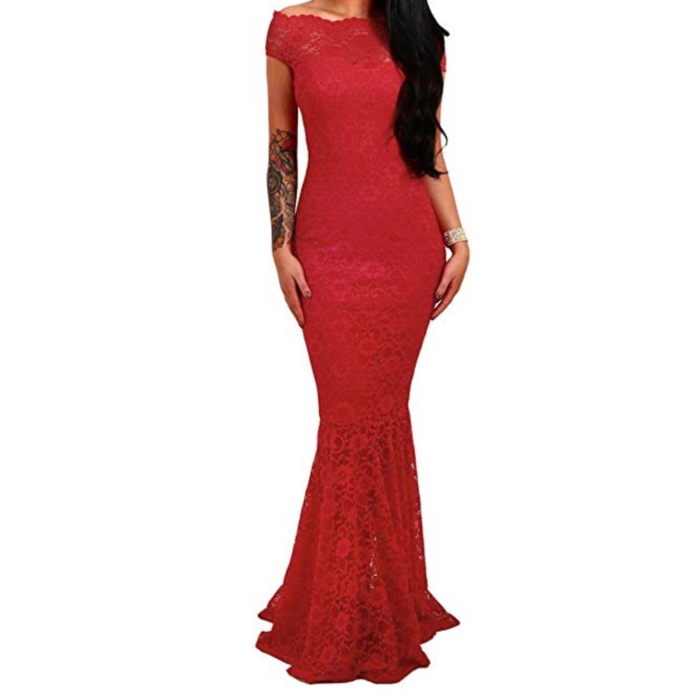 Off Shoulder Lace Evening Gown Fishtail Maxi Dress